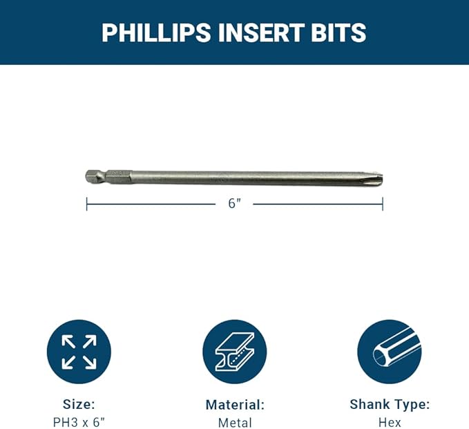 Benchmark Abrasives 1/4 Inch Hex Anti Slip Phillips Insert Screw Head Screwdriver Bits, Rotary Drill Bits for Repairing Electronics, Automotive Parts, Furniture (50 Pack) - (PH3 x 6")