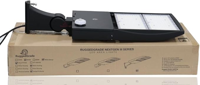 RuggedGrade 300 Watt - NextGen IV Series LED Shoebox Light with Motion Sensor - 45,000 Lumen - Color Selectable 30K/40K/50K - Arm Mount - Black