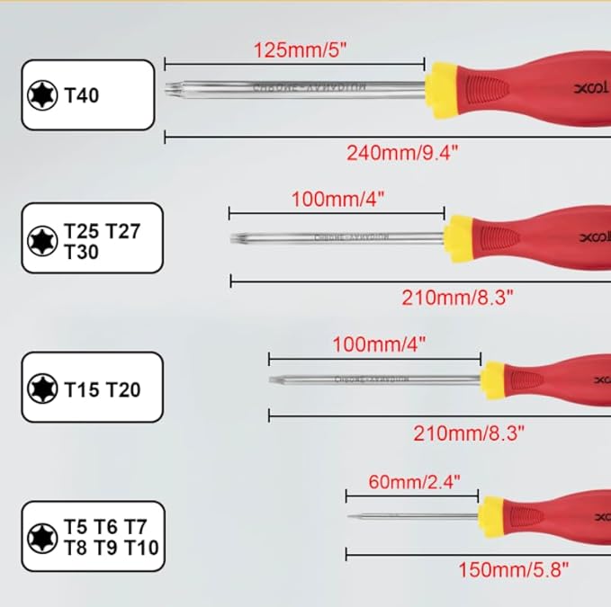 XOOL Magnetic Torx Screwdriver Set, 12-in-1 with T5 T6 T7 T8 T9 T10 T15 T20 T25 T27 T30 T40, Star Srewdriver Set for Repair, DIY, and Maintenance, Ergonomic Handle, CRV Steel, Corrosion Resistant