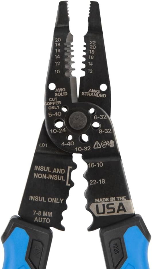 Klein Tools 1025 Long Nose Multi-Purpose Wire Stripper Tool, Made in USA Professional Electrician Tools, Crimping Tool, Cable Stripper for 10-20 AWG Solid, 12-22 AWG Stranded Wire