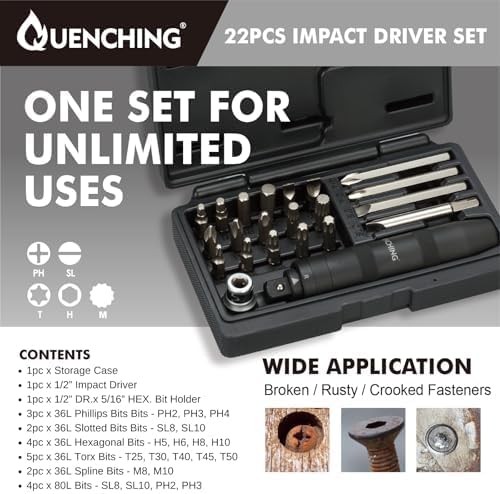 22-Pcs 1/2 Inch Drive Impact Driver Set, CR-V Extractor, Hand Manual Reversible Impact Screwdriver, 5/16 Inch Bit Adapter with S2 Steel Bits for Rusted Fasteners or Frozen Bolts