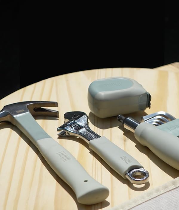 TINKR Home Essentials Tool Kit – Hammer, Ratchet Screwdriver, Tape Measure, Allen Keys & Wrench in Canvas Case. Modern Tool Set for DIY & Home Repairs