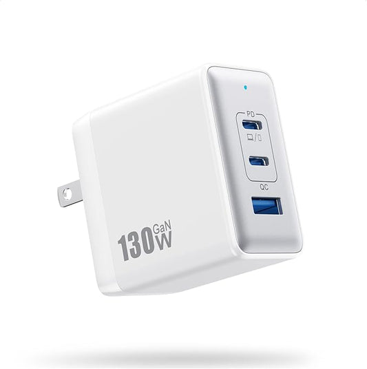 130W USB C Charger Block,3-Port GaN Fast Charger,Compact Foldable Type C Fast Charging Wall Charger,PD QC 65W USB C Laptop Charger for MacBook Pro/Air,iPad Pro,iPhone16/15,Galaxy Series etc(White)