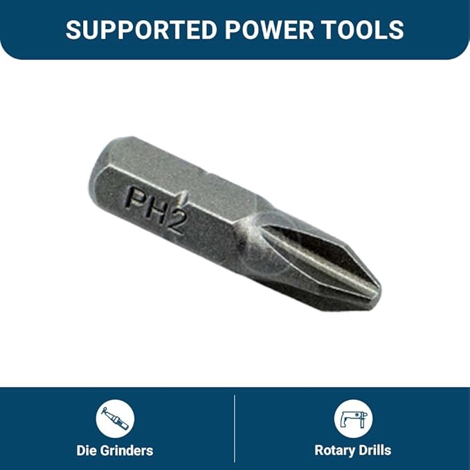 Benchmark Abrasives 1/4 Inch Hex Anti Slip Phillips Insert Screw Head Screwdriver Bits, Rotary Drill Bits for Repairing Electronics, Automotive Parts, Furniture (50 Pack) - (PH2 x 1")