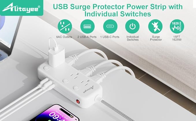 15FT Surge Protector Power Strip with Individual Switches 6 Outlets 3 USB(17W USB C), Ultra Thin Flat Plug Braided Cord, Wall Mount Extension Cord with Overload Protection for Home Office Dorm 1625W
