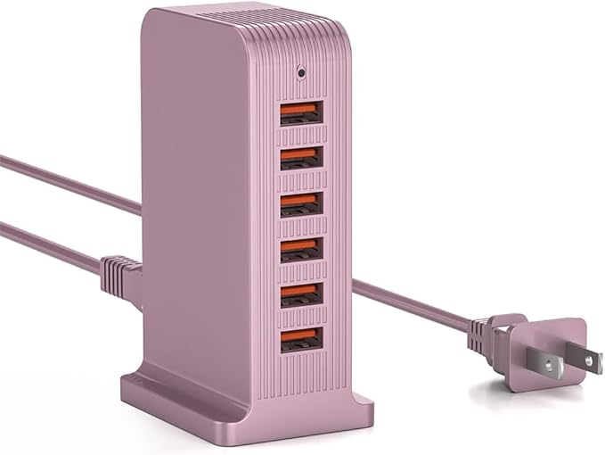 Charging Station for Multiple Devices,VPSUN 50W USB Charger Tower,Multi 6 Port USB Charging Hub Compatible with iPhone 15/14/14 Pro/14 Pro Max/Android/Samsung/Tablet,etc(Pink, 50W)