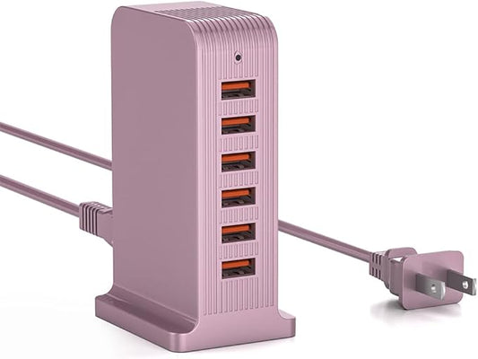 USB C Charging Station - USB Charging Hub,6 Port USB Charger Tower for iPhone 15/14/13/12, iPad, Samsung Galaxy, Google Pixel,HTC, and Multiple Devices (pink-50W)