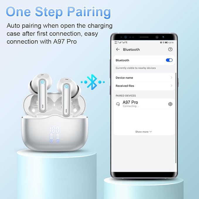 Wireless Earbuds, Bluetooth 5.4 Headphones in Ear with 4 ENC Noise Cancelling Mic, New Wireless Earphones HiFi Stereo Deep Bass 40H Playtime, In-Ear Bluetooth Earbuds LED Display IP7, USB-C, Silver