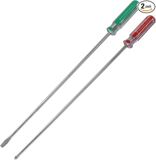 10 Inch Long #1 Phillips & 5mm Slotted Screwdriver 2-Piece Set, Magnetic Tip Flat Blade Cross-head Screwdrivers (Red, Green)