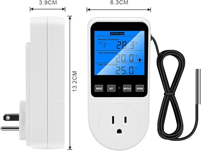 Diymore Plug in Digital Thermostat Temperature Controller Electric Digital Thermostat Heating Cooling Control Mode Timer 1800W 120V 15A Greenhouse Heater with Thermostat Backlit Display