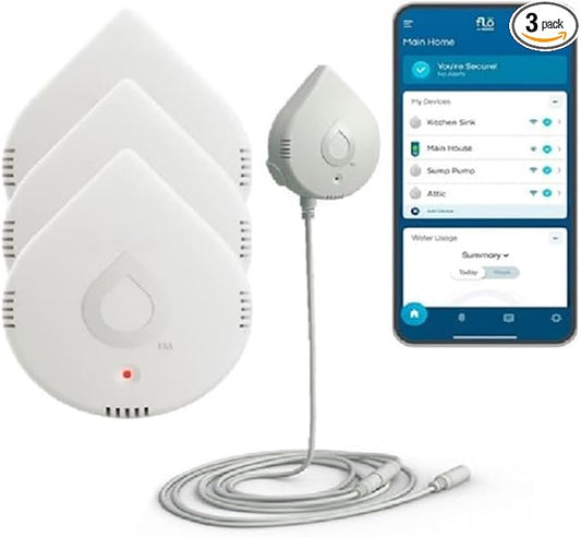 Moen 920-005 Flo Smart Water Leak Detector, White, 3-Pack with 3-Pack 6-Foot Leak Sensing Cable