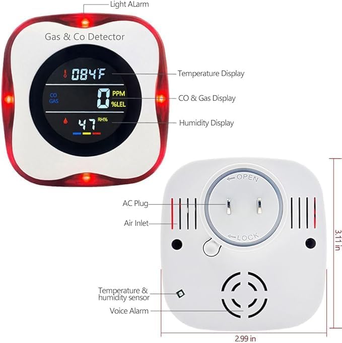 Carbon Monoxide and Natural Gas Detector Plug in Wall, WESHLGD Combination Carbon Monoxide and Gas Detector, 4-in-1 CO and Gas Detector for Home/Kitchen(CO & Gas Alarm with Temperature Humidity)