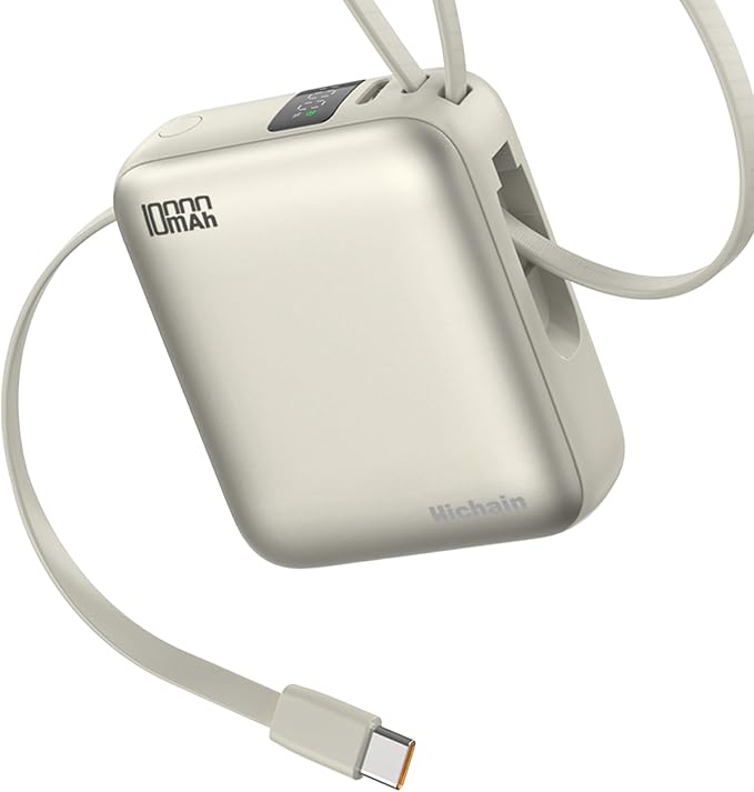 Hichain Small Portable Charger with Built in Cables LED Display, Mini Power Bank 10000mAh 22.5W USB-C Fast Charging Battery Pack, Travel Essential Power Bank for iPhone, iPad, Samsung, Android (Gold)