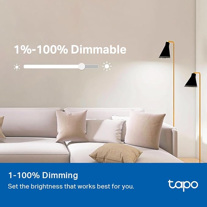 Tapo TP-Link Smart Light Bulbs - Natural Daylight, Dimmable, Compatible w/Alexa and Google Home, A60 Bulb/E27 Base, 60W Equivalent, 800LM CRI>90, 2.4GHz WiFi Only, No Hub Required, L520E(4-Pack)
