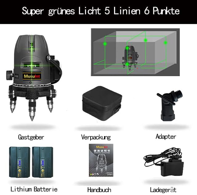 (Outdoor Superbright) 5 Lines Outdoor Green Laser Level 360 Self Leveling Precision Level Tool Super Brightness 5 Strong Light Spots Can Rotate 360 Degrees Digital Lithium Ion Battery High Capacity