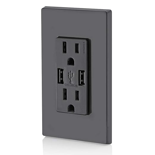 Leviton T5632-E Type-A USB in-Wall Charger with 15A Tamper-Resistant Outlet, USB Charger for Smartphones, Black