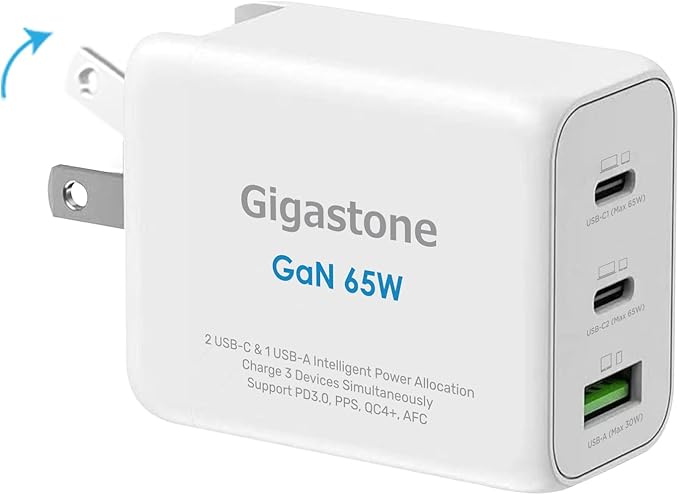 Gigastone 65W USB C Charger GaN Power Pro PPS Multiple Port Intelligent Power Allocation, Compact Foldable Plug Travel, Full Speed GaN Charger MacBook Air/Pro Dell XPS iPad iPhone 16/15 Galaxy S24
