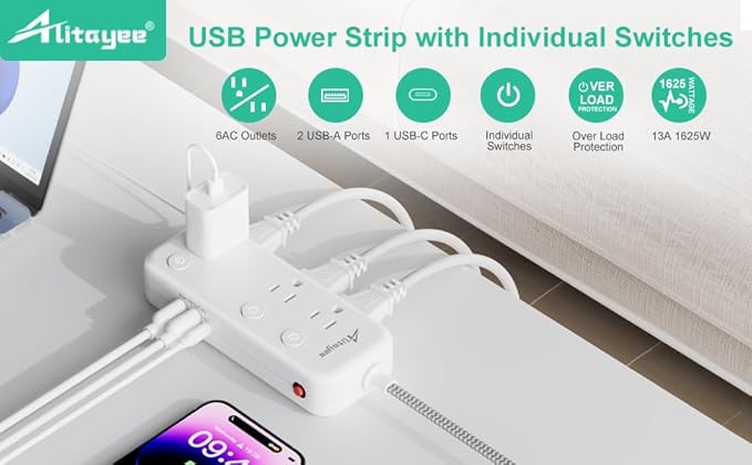 Individual Switch Power Strip Surge Protector with 6 Outlets 3 USB(17W USB C), 5Ft Braided Cord Ultra Thin Flat Plug, 13A Wall Mount Extension Cord with Circuit Breaker for Travel Home Office Dorm