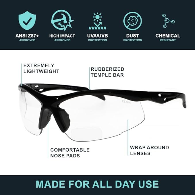 Bifocal Safety Glasses - Safety Glasses with Readers for Healthcare, Woodworkers, Motorcyclists, Workshop - Ansi Z87+