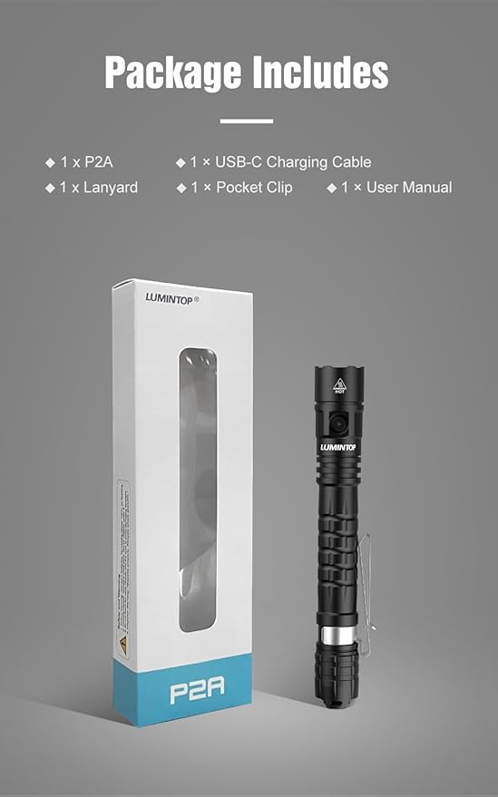 P2A Compact Dual-Mode Tactical Flashlight, 1200 Lumens Turbo Mode with 330m Beam Distance, USB-C Rechargeable 2xBattery, IP68 Waterproof, Pen-Shaped Design with Pocket Clip