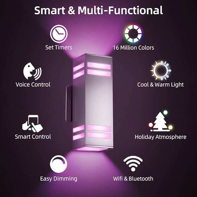 SHIMR Smart Outdoor Wall Light, RGBCW Color Changing WiFi & Bluetooth LED Sconce, Stainless Steel, Dusk to Dawn Sensor, Waterproof Exterior Lighting Fixture with E26 Base, Work with Alexa & Google