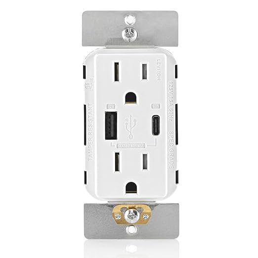 Leviton T5634-W 60W (20V@2.5A+ 5V@2A) USB Dual Type A/Type-C Power Delivery in-Wall Charger with 15A Tamper-Resistant Outlet, USB Charger for Smartphones, Tablets, Laptops, White