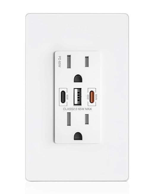 USB Wall Outlet, 65W GaN USB Outlet Receptacles with 3 USB Ports,15 Amp Tamper-Resistant Electrical Outlet with 1 Type A&2 Type C,Screwless Wall Plate Included,UL Listed