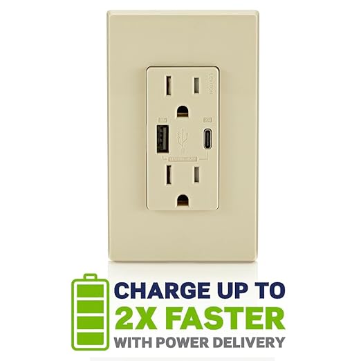 Leviton T5634-I 60W (20V@2.5A+ 5V@2A) USB Dual Type A/Type-C Power Delivery in-Wall Charger with 15A Tamper-Resistant Outlet, USB Charger for Smartphones, Tablets, Laptops, Ivory