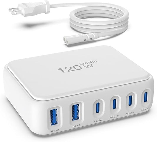 USB C Charger Block, 120W GaN 6 Port Fast Charging Station Hub for Multiple Devices, PD 3.0 USB Wall Charger Power Strip Adapter Compatible with All iPhone 17 iPad Samsung Android Pixel Series