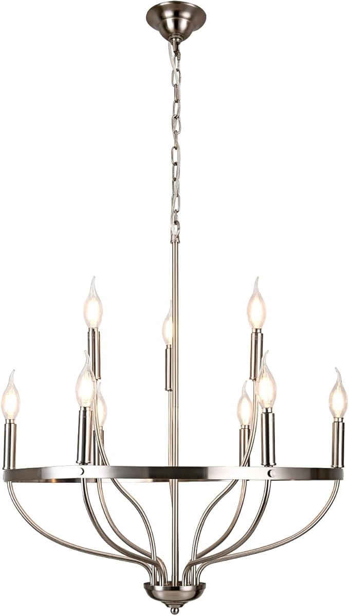Modern Brushed Nickel Chandeliers Farmhouse Candle 9-Lights Dining Room Light Fixture Industrial Ceiling Hang Light Fixture for Kitchen Living Room Entryway