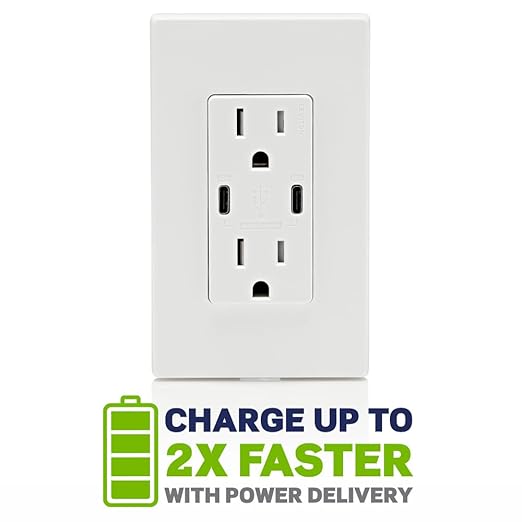 Leviton T5635-W 30W (6A) USB Dual Type-C/C Power Delivery In-Wall Charger with 15A Tamper-Resistant Outlet, USB Charger for Smartphones, Tablets, Laptops, White