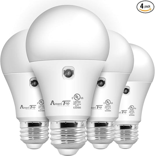 AmeriTop Dusk to Dawn Light Bulb- 4 Pack, A19 LED Sensor Light Bulbs; UL Listed, Automatic On/Off, 800 Lumen, 10W(60 Watt Equivalent), E26 Base, Indoor/Outdoor Lighting Bulb (5000K Daylight)