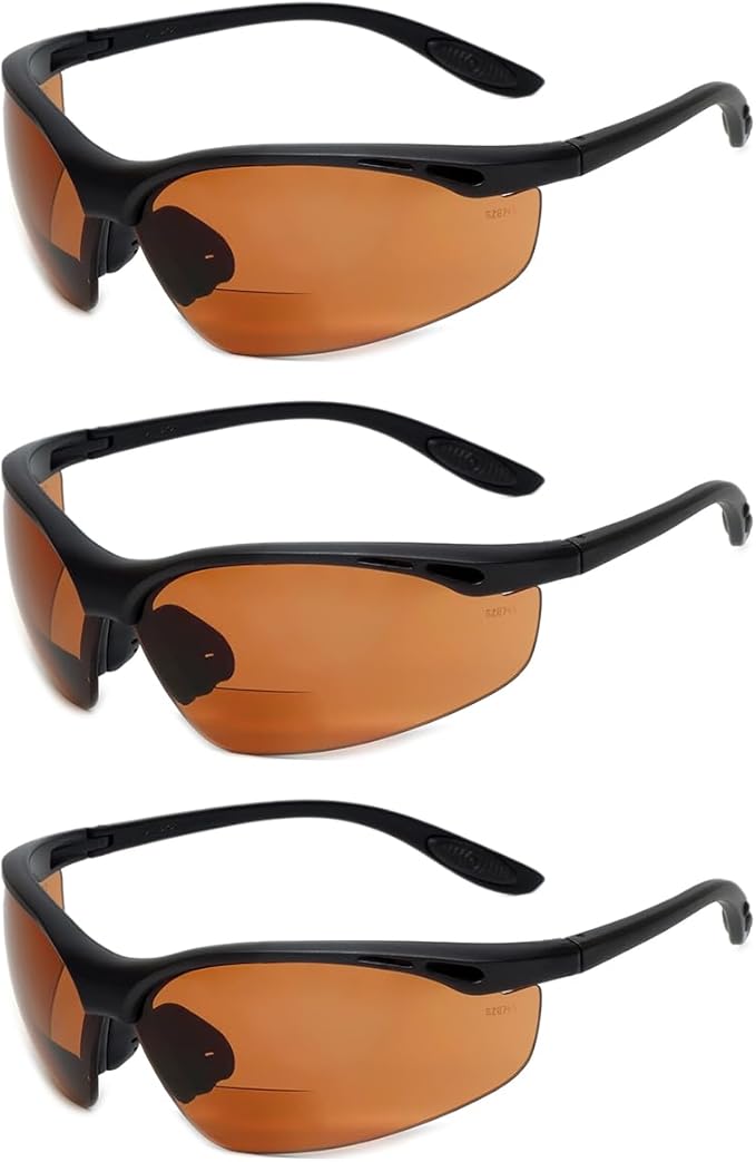 Calabria 91348 3 Pack Bulk Bifocal Safety Glasses +1.50 Copper Orange Men Women Wraparound Eye Protection Protective Eyewear