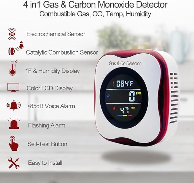 Carbon Monoxide and Natural Gas Detector Plug in Wall, WESHLGD Combination Carbon Monoxide and Gas Detector, 4-in-1 CO and Gas Detector for Home/Kitchen(CO & Gas Alarm with Temperature Humidity)