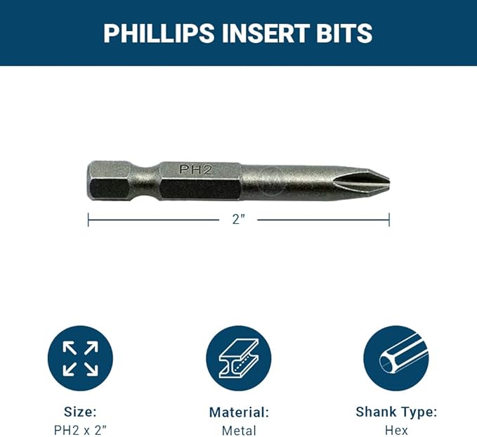Benchmark Abrasives 1/4 Inch Hex Anti Slip Phillips Insert Screw Head Screwdriver Bits, Rotary Drill Bits for Repairing Electronics, Automotive Parts, Furniture (50 Pack) - (PH2 x 2")