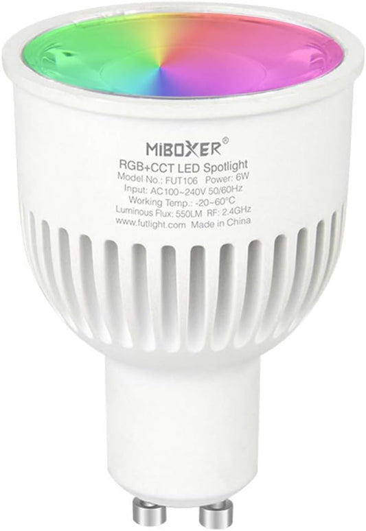 LGIDTECH FUT106 Miboxer 6W 2.4GHz WiFi Led Spotlight Bulb GU10 AC 100-240V RGB+CCT Color Changing,Temperature Adjustable,Memory Funtcion.Smartphone APP Can't Control Directly