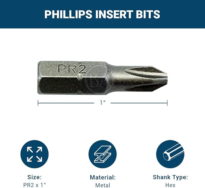 Benchmark Abrasives 1/4 Inch Hex Anti Slip Phillips Insert Screw Head Screwdriver Bits, Rotary Drill Bits for Repairing Electronics, Automotive Parts, Furniture (50 Pack) - (PR2 x 1")