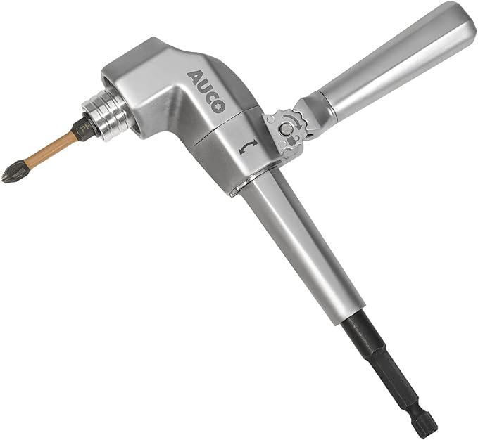 AUCO Durable Right Angle Drill Attachment, Adjustable Drill Adapter, Impact Fit, Max Torque 500 in-lbs (56.5 Nm), All Metal Body & Steel Gear, For Use with Cordless Drill and Impact Driver