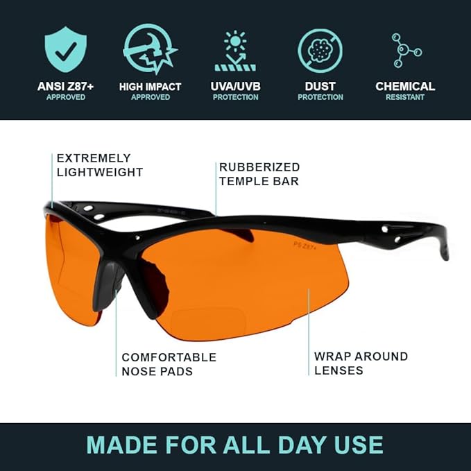 Bifocal Safety Glasses - Safety Glasses with Readers for Healthcare, Woodworkers, Motorcyclists, Workshop - Ansi Z87+