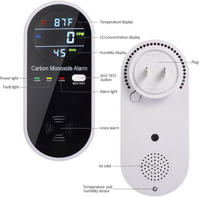 Carbon Monoxide Detectors, Carbon Monoxide Detector Plug in with Temperature Humidity Sensor Built-in, CO Level Monitor Alarm with Clear LCD Display Sound & Light Warning for Home/Hotel/RV