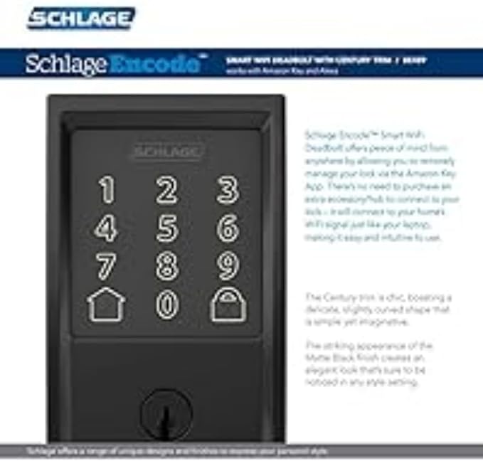 Schlage Encode Wi-Fi Smart Lock with Century Handleset Entry Set for Front Door, Matte Black