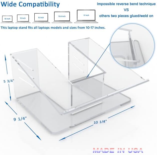 6MM Acrylic Laptop Stand with Ergonomic Design, Compatible with 10-17 Inch Laptops, Made in USA