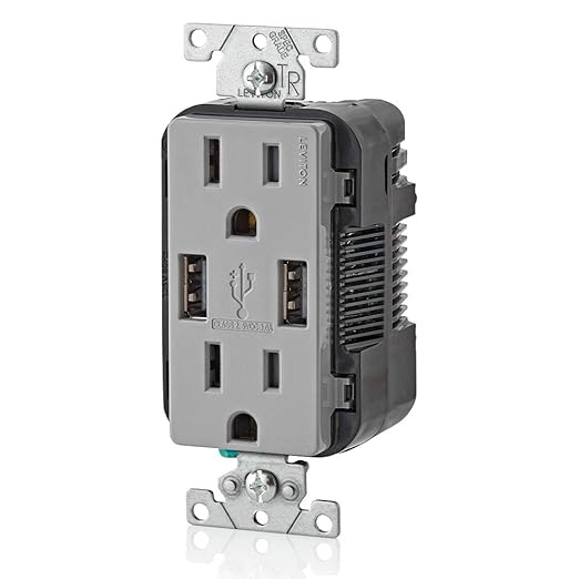 Leviton T5632-G Type-A USB in-Wall Charger with 15A Tamper-Resistant Outlet, USB Charger for Smartphones, Gray