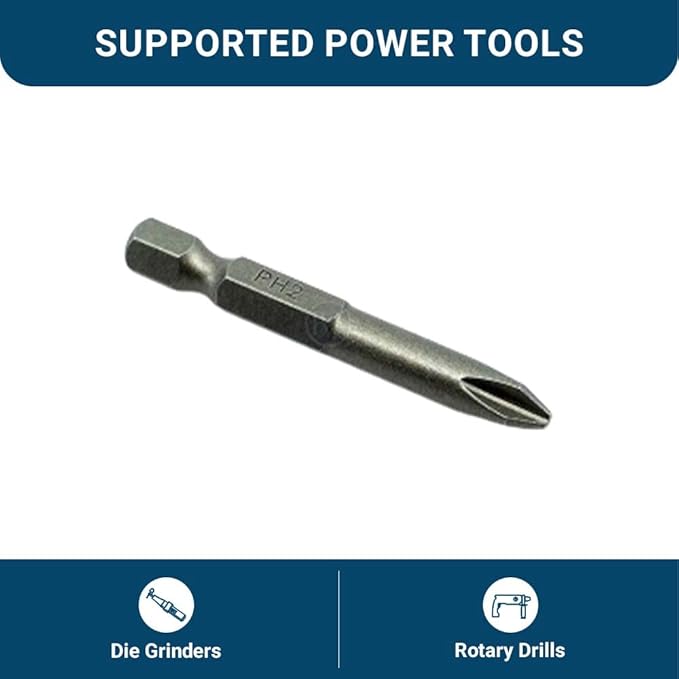 Benchmark Abrasives 1/4 Inch Hex Anti Slip Phillips Insert Screw Head Screwdriver Bits, Rotary Drill Bits for Repairing Electronics, Automotive Parts, Furniture (50 Pack) - (PH2 x 2")