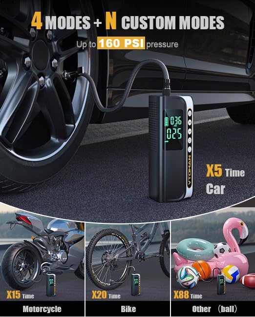 VTOMAN X6 Pro Tire Inflator Portable Air Compressor Cordless,160PSI Auto Air Pump for Car Tires with Smart Digital Pressure Gauge & LED Light, for SUV, Car, Motorcycle, E-Bike, Bicycles,Ball