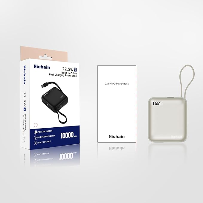 Hichain Small Portable Charger with Built in Cables LED Display, Mini Power Bank 10000mAh 22.5W USB-C Fast Charging Battery Pack, Travel Essential Power Bank for iPhone, iPad, Samsung, Android (Gold)