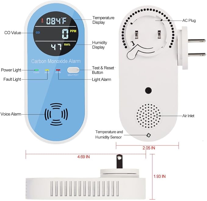 Plug in Carbon Monoxide Detectors 2 Pack, KH Alert 3-in-1 Carbon Monoxide Detector with Temperature and Humidity Sensor, Portable CO Monitor for Home/Apartment