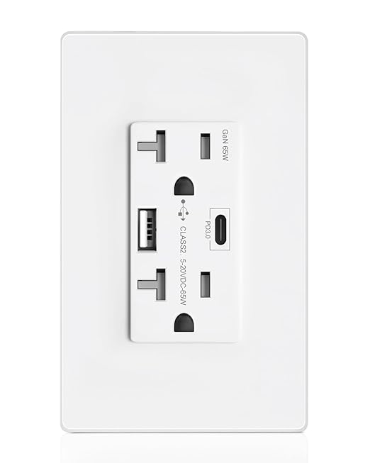 USB Wall Outlet, 65W GaN 6.0A USB Outlet Receptacles with 2 USB Ports,20 Amp Tamper-Resistant Electrical Outlet with 1 Type A&1 Type C,Screwless Wall Plate Included,UL Listed