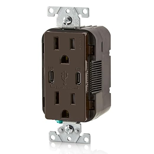 Leviton T5637-B 30W (6A) USB Dual Type-C/C in-Wall Charger with 15A Tamper-Resistant Outlet, USB Charger for Smartphones and Tablets, Not for Laptops, Brown
