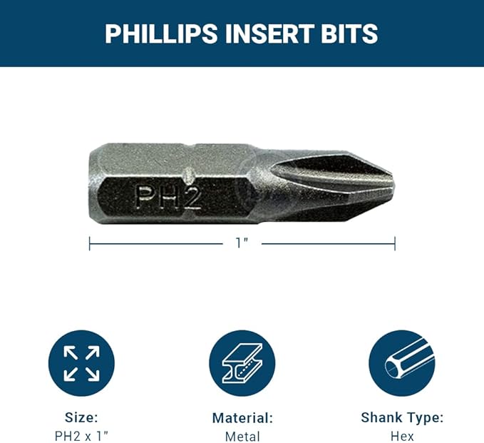 Benchmark Abrasives 1/4 Inch Hex Anti Slip Phillips Insert Screw Head Screwdriver Bits, Rotary Drill Bits for Repairing Electronics, Automotive Parts, Furniture (50 Pack) - (PH2 x 1")